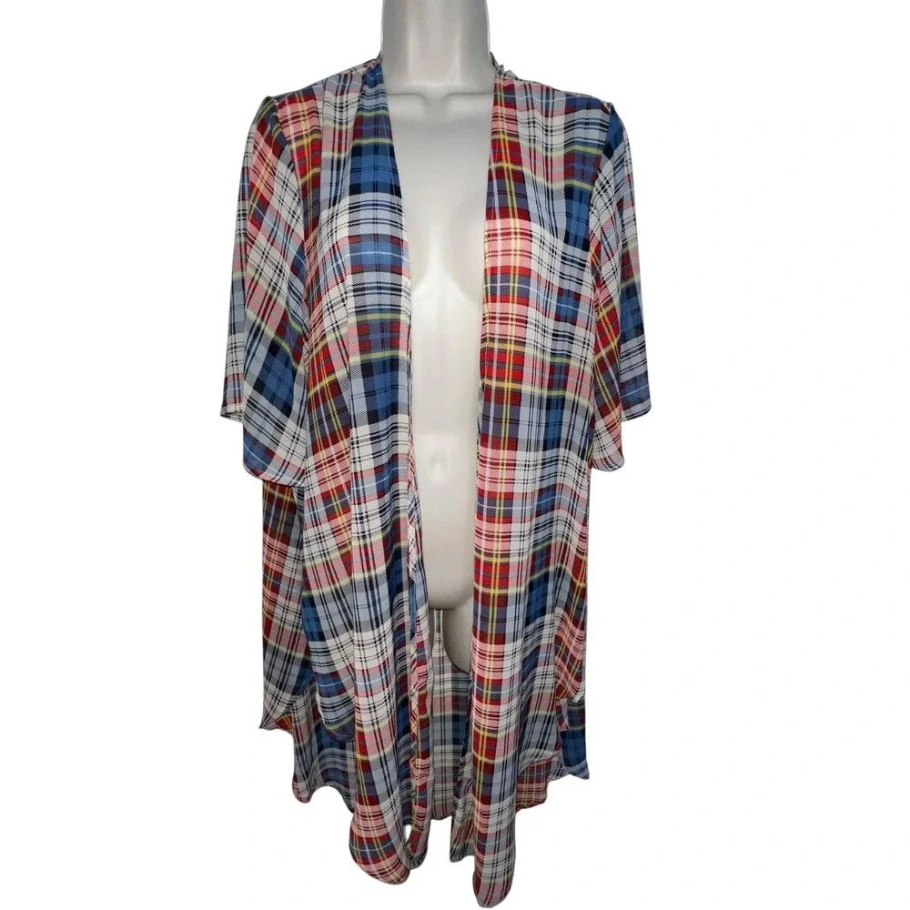 Torrid Sheer Plaid Kimono Cardigan Open Front Duster Plus‎ Size 00/M/L  Blue Red